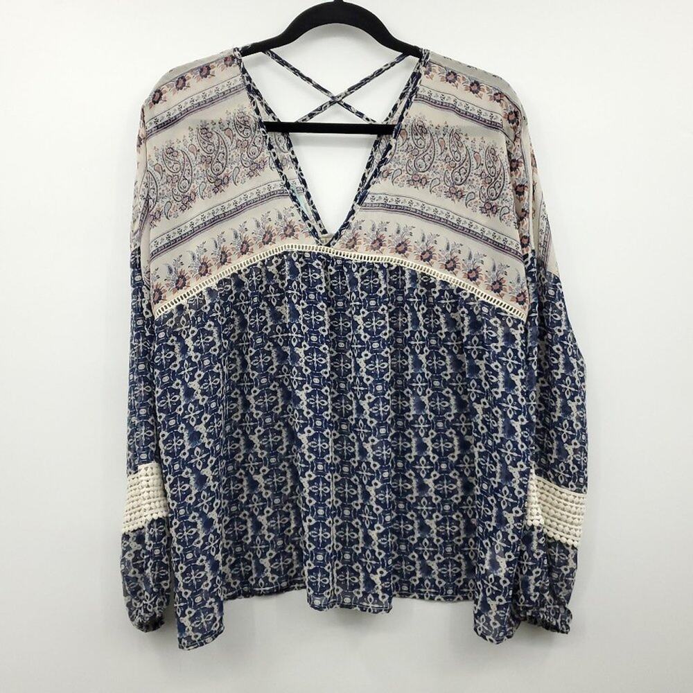 Maurices V Blouse Sheer V Neck Paisley Crotchet Cuff Trim Large